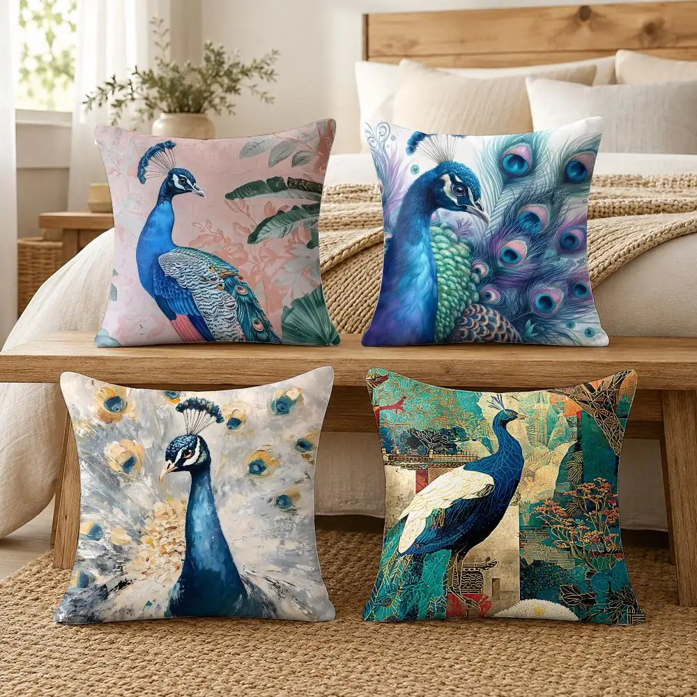 Elegant Peacock Artwork Cushion Cover Soft Short Plush Pillow Cover Smooth Cozy Texture Cushion Case Home Decor