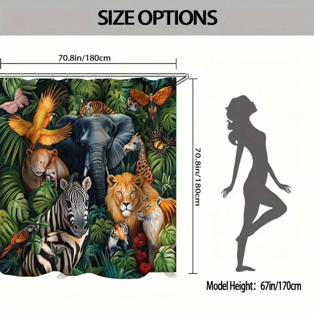 

4pcs Green Animal World Shower Curtain Set, Bathroom Decoration Set Includes Shower Curtain, NonSlip, Toilet Lid, Bathroom, And