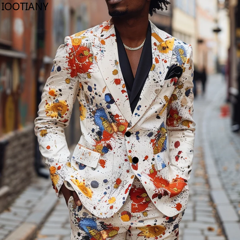 American Fashion Graffiti Casual Men's Suit Colorful Print Suit Jacket Pants Fashion Casual Party Men's Suits Bar Stage Show Set