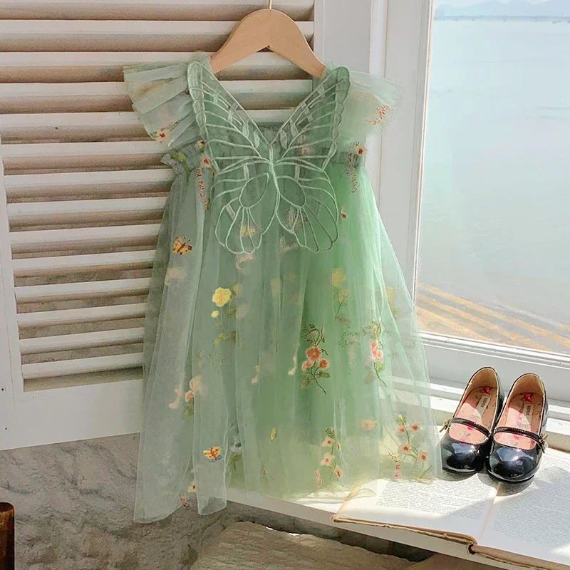 Baby Girls Summer Fashion Dress Girls Flying Sleeves Mesh Dresses with Butterfly Wings Children Flower Embroidery Tulle Dress