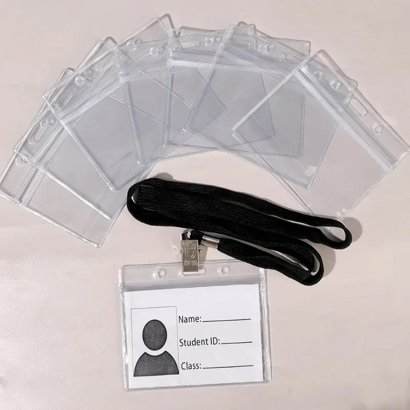 Sturdy Clear Plastic Name Tags Badge ID Card Holders with Neck Lanyard Reusable Horizontal Credit ID Card Sleeve Storage Cover