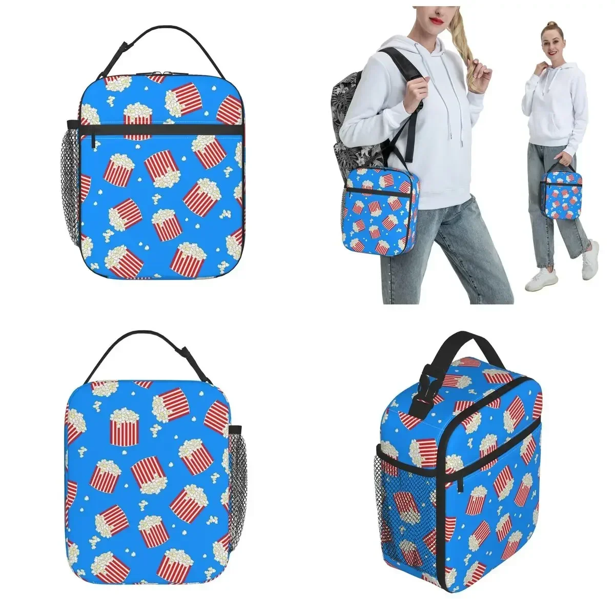 Cute Red And White Popcorn Buckets Merch Insulated Lunch Bag For School Storage Food Boxes Portable Cooler Thermal Lunch Boxes