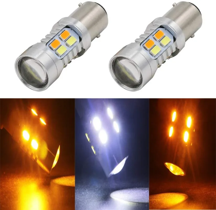 

Светодиодные дневные ходовые огни для автомобиля 7443 3157 1157 20SMD 5630, желтый 3000K, белый 7000K, двухцветные, указатель поворота, угловой фонарь