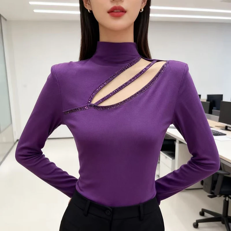 Preto, coreano, estilo, camiseta, chique, sexy, oco, brilhante, diamantes, miçangas, mulheres, tops, manga comprida, camisa de fundo, camisetas, 2026,5111704