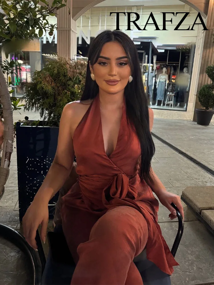 TRAFZA Summer Fashion Women Suits Solid V-Neck Sleeveless Backless Side Zipper Sexy Tops+Elastic Waist Lace-Up Wide Leg Pant