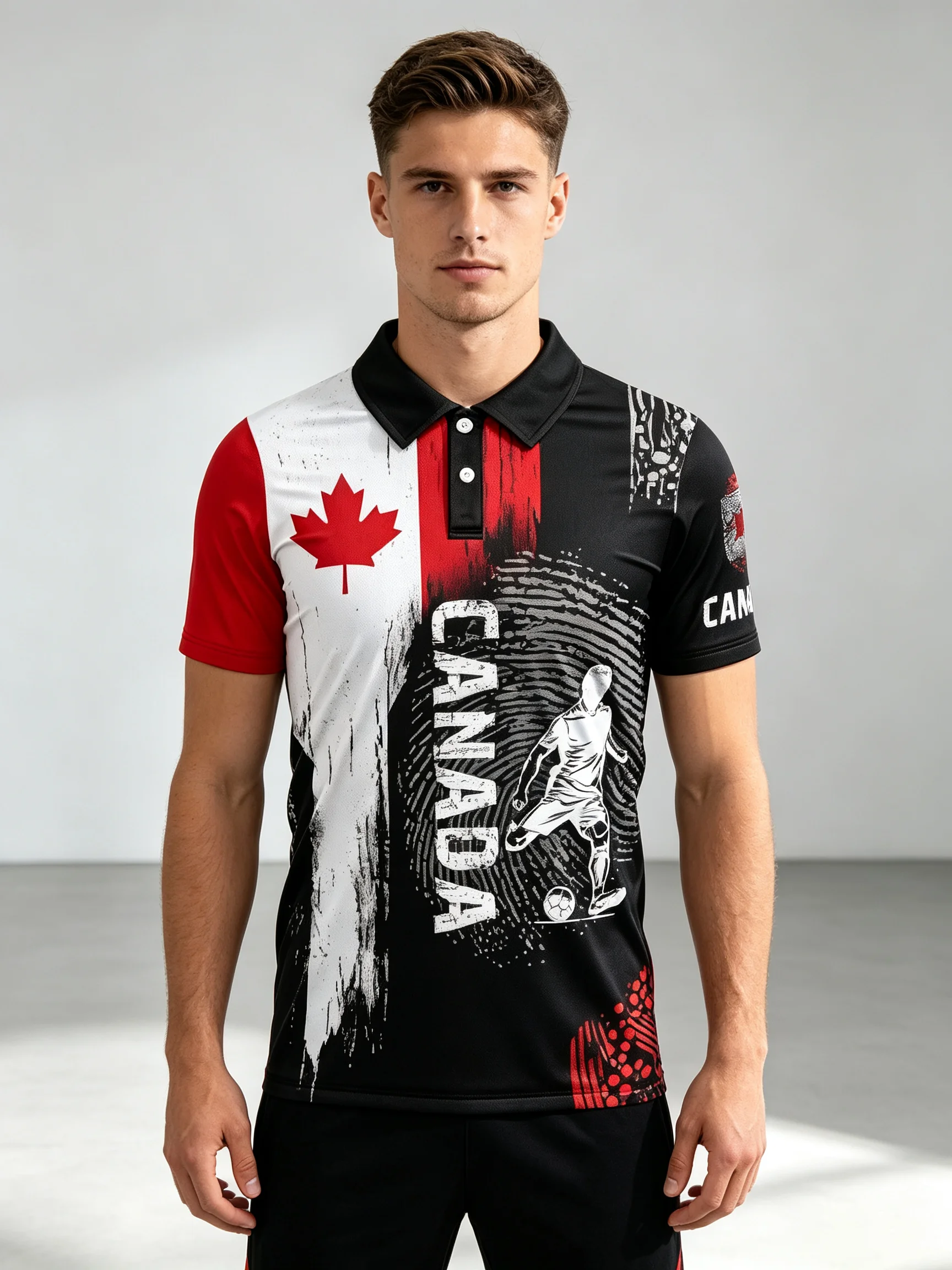 2026 Canadian Football Polo jersey, graffiti print, red maple leaf logo, quick drying breathable fabric