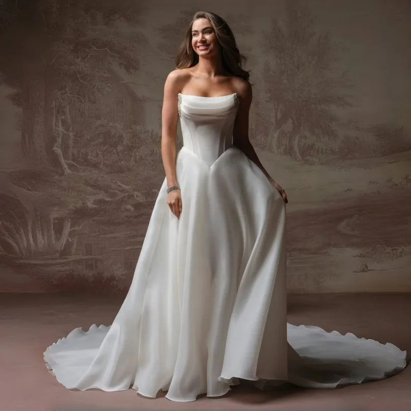 Off The Shoulder Organza Satin Beaded Draped Wedding Dress Simple Luxurious Elegant A-line long Train Wedding Dress customizable