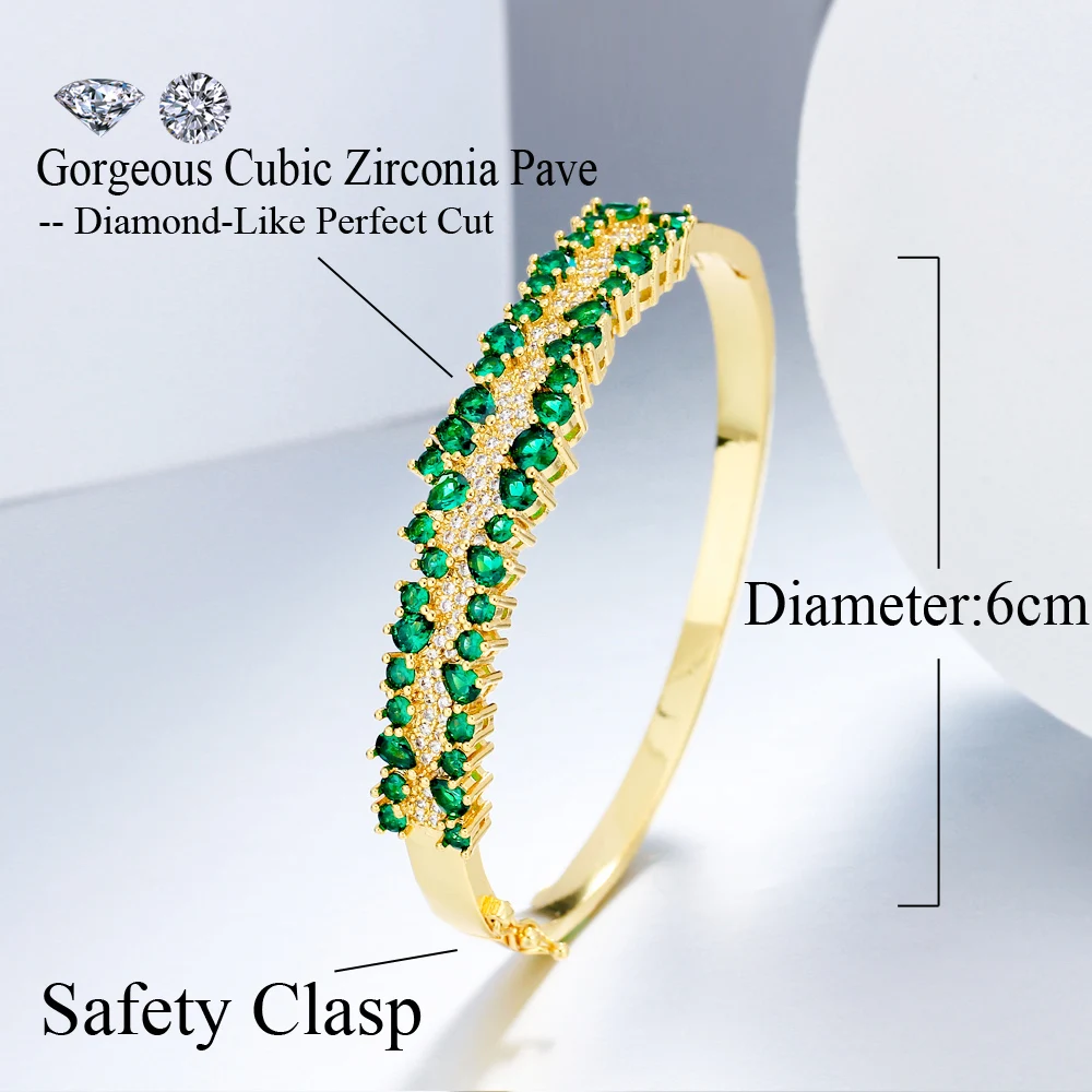 CWWZircons Fancy Green Cubic Zirconia Pave Brazilian Gold Plated Wedding Engagement Bangle for Women Luxury CZ Jewelry BG054