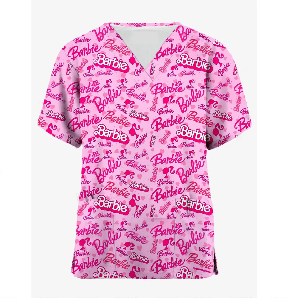 Nurse uniform, women's Barbie princess printed short sleeved V-neck frosted work uniform, medical uniform, nursing spa, pet, den