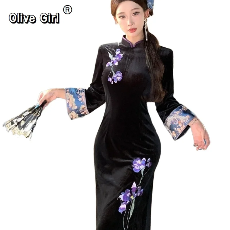 

Black Dress Cheongsam High-end Embroidery Inverted Sleeves Improved Slim Waist Cinching Women's Dress Sexy Romantic