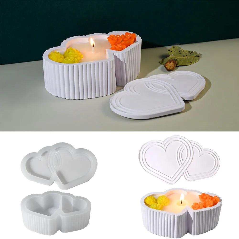 

Double-heart Candle Jar with Lid Silicone Mold DIY Cement Gypsum Resin Handmade Storage Jar Mold Succulent Flower Pot Home Decor