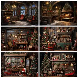 Rural Christmas Backdrop for Photography Rustic Wooden House Xmas Tree Gift Cabinet Winter Family Party Baby Portrait Background