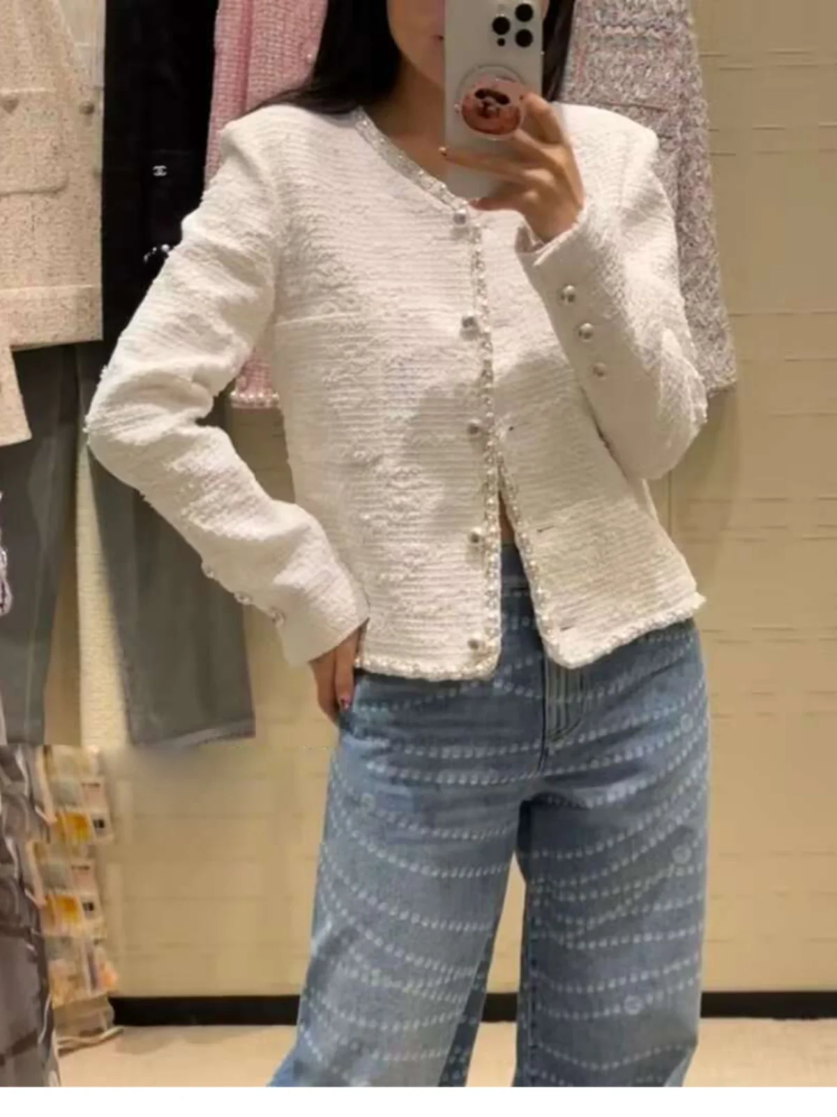 우아한 진주 장식 트위드 재킷 짧은 브이넥 긴 소매 여성 봄 패션 스트레이트 컷 싱글 버튼 클로저 코트