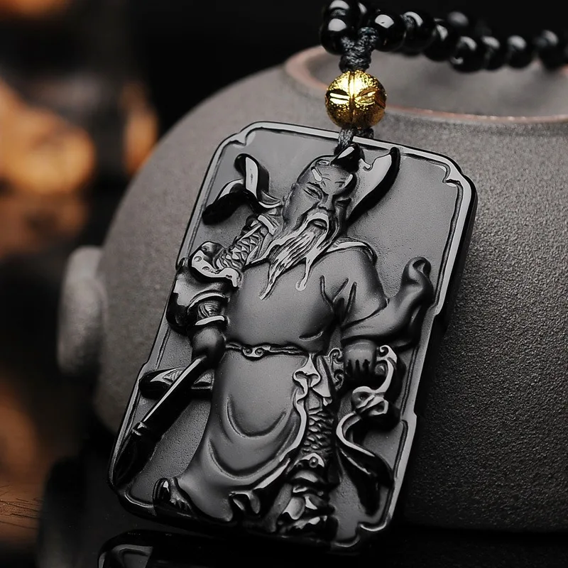 

Natural Black Obsidian Hand Carved Guan Gongyu Pendant Fashion Boutique Jewelry Men's and Women's Wucaishen Necklace Gift