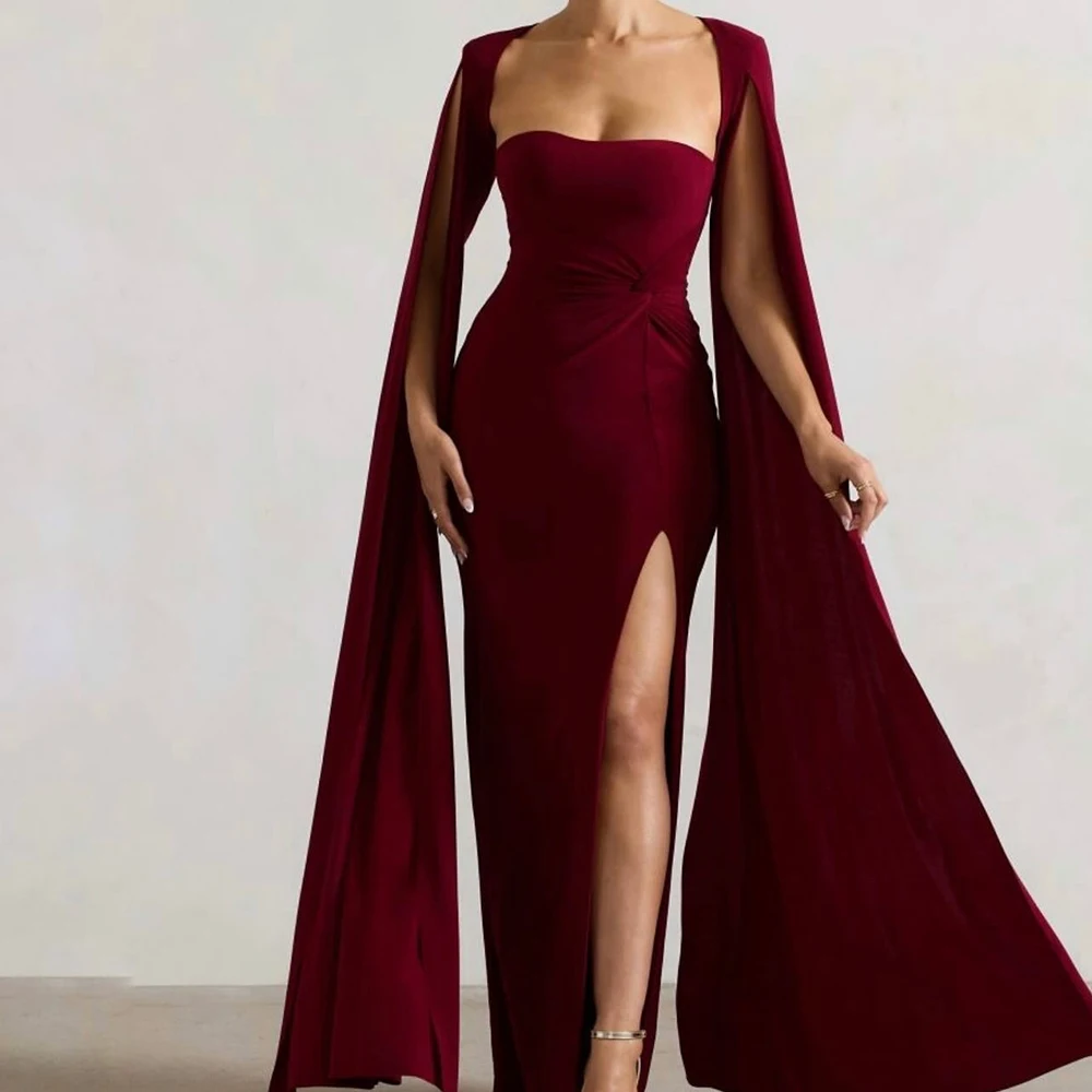 

Customized Sexy Jersey Straight Evening Dress Strapless Watteau Train Burgundy Side Slit Bespoke Occasion Gowns Fashion