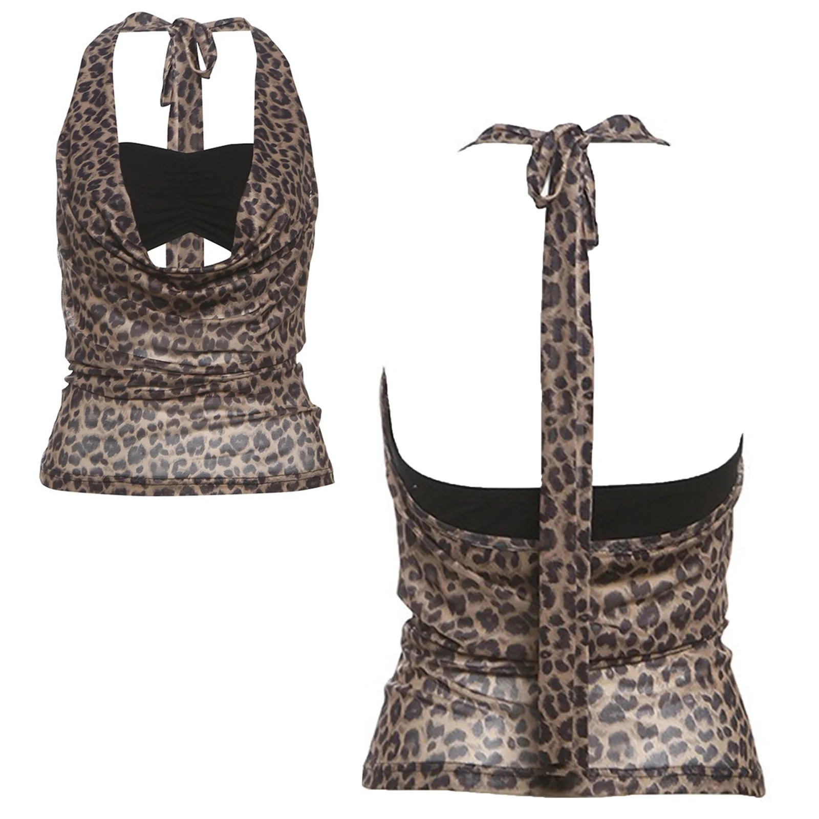 

Women Leopard Print Halter Crop Tops with Bandeau Fashion Fake 2-piece Cowl Neck Backless Vest Crop Tank Top for Street Vacation
