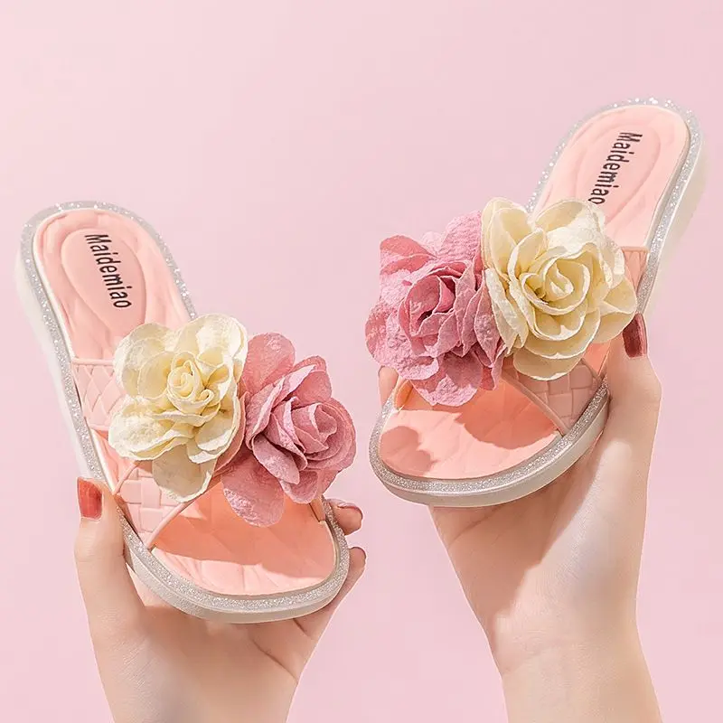 Girls' Floral Cross Strap Fabric Slippers for Spring Summer Korean Style Casual Outdoor Wear Sweet Cute Versatile with Soft Sole