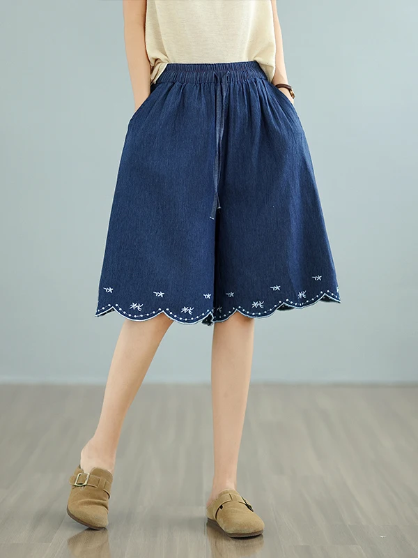 Estate 2025 Nuovo ricamato sottile denim ort pantaloni donna di grandi dimensioni gamba larga allentato dimagrante sei piedi pantaloni casual a vita alta...