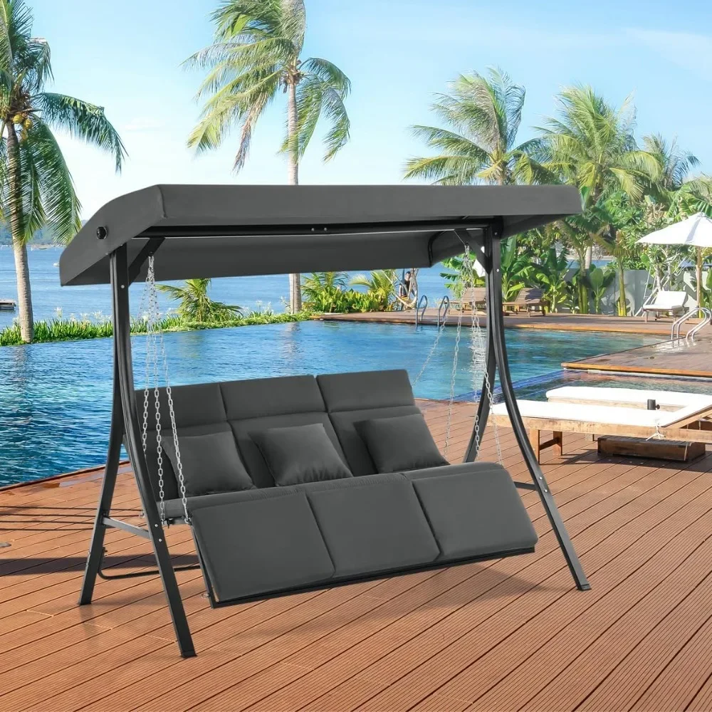 Patio Swing 3-Seat Reclining  Chair Chain Armrests, Outdoor Porch Swing Chair with Cushions and Pillows for Backyard, Poolside