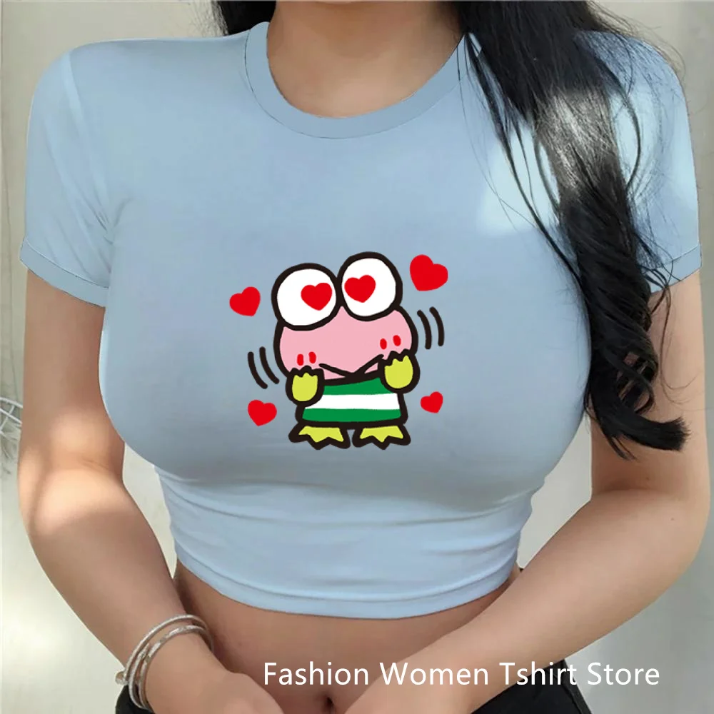 Kawaii Print Female Clothing Cartoon Y2k Party Kero Kero Keroppi Summer Crop Tops  Fashion Sexy Slim Fit Women's T-shirt