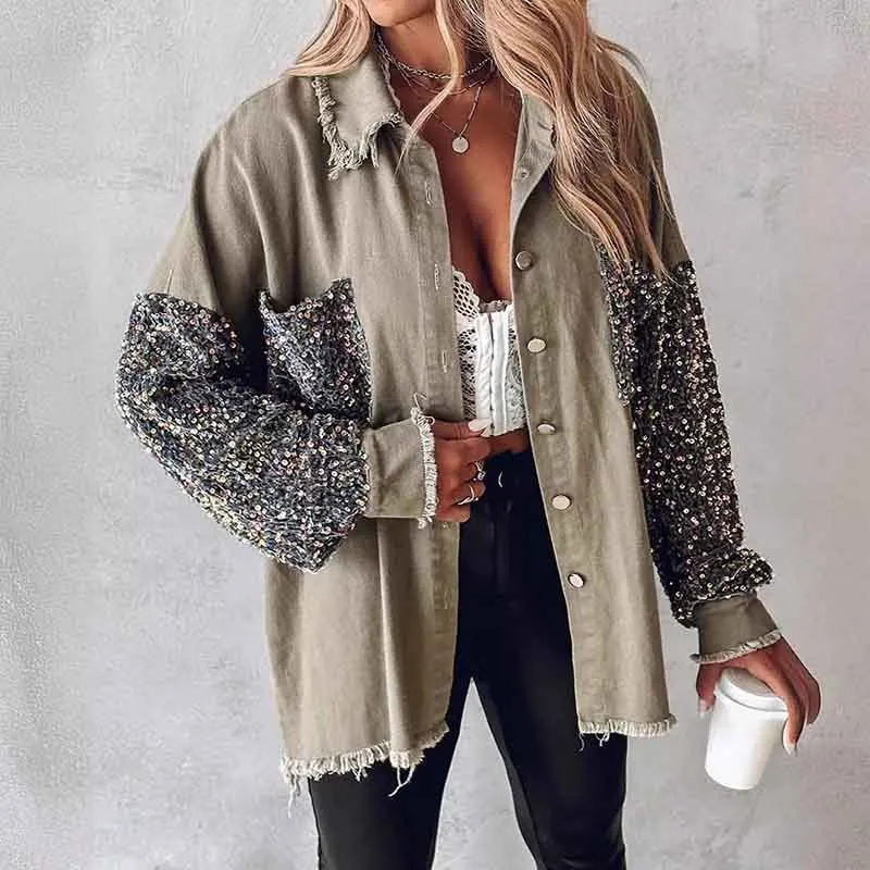 Casual Sequin-panelled Jacket Top for Women Spring Autumn 2024 New Lapel Long Sleeve Loose Jackets Fashion Single Breasted Coat