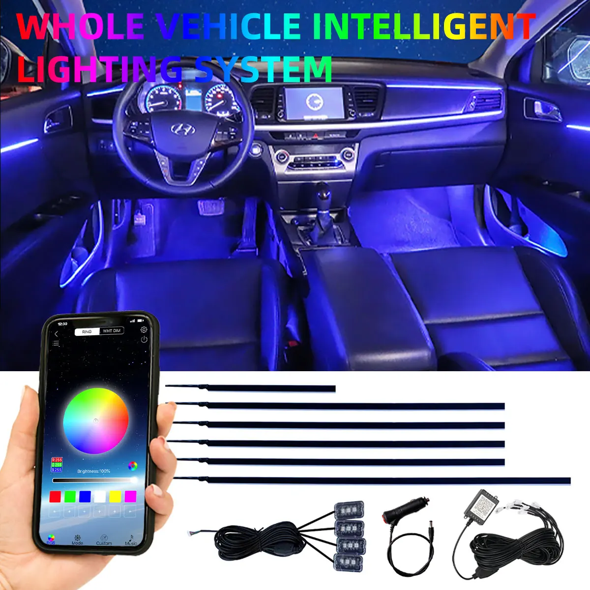 6in1 10in1 64Color rgb led car ambient lighting Interior Decorative light strip Door lights Foot lamp cigarette lighter USB APP