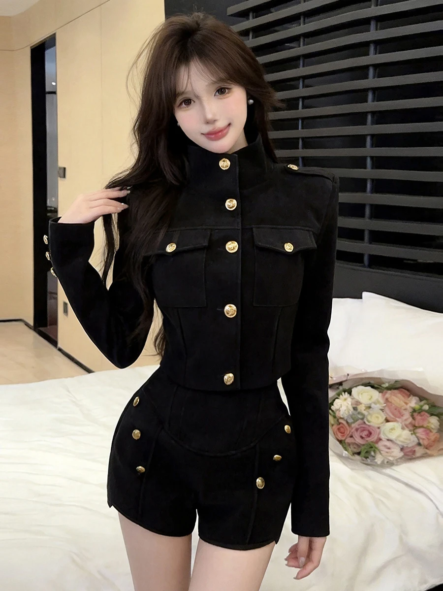 Retro British Style High Waist Short Shorts Two-Piece Set Black Long Sleeve Coat Sexy Lady Wealthy Daughter Casual Fashion