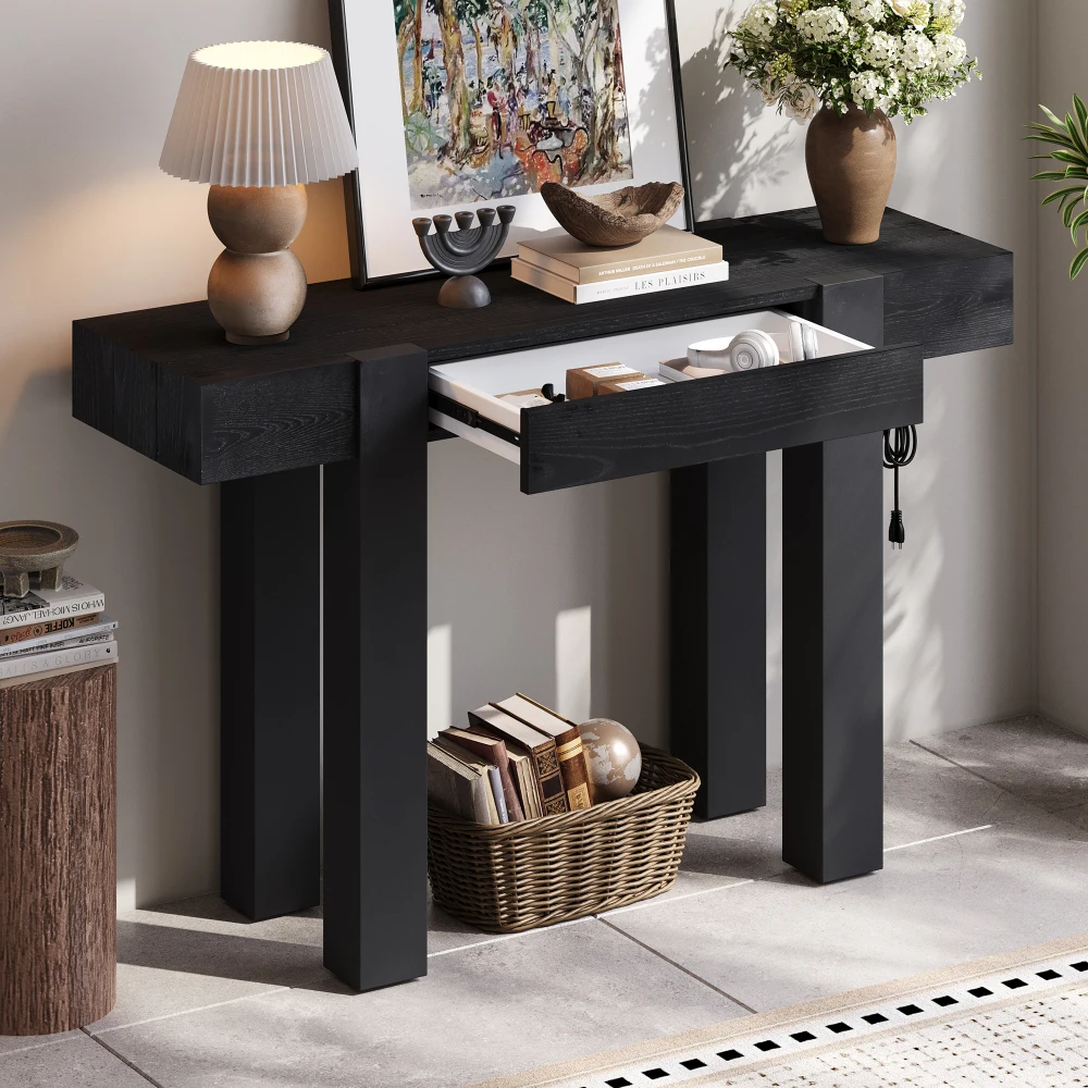 

TREXM Rustic Minimalist Console Table with Hidden Drawer, Side Outlet for Entryways, Living Rooms & Home Offices (Black)