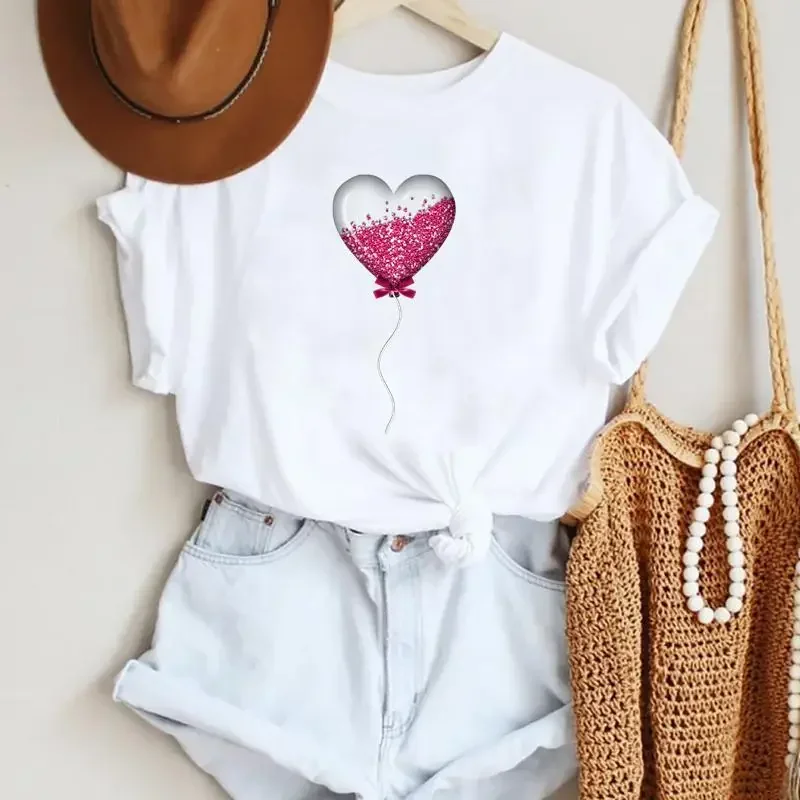 Romantic Balloons with Round Neck Printed White T-shirt Short-sleeved Women's Dress Aesthetic Clothes  Graphic T Shirts Tops