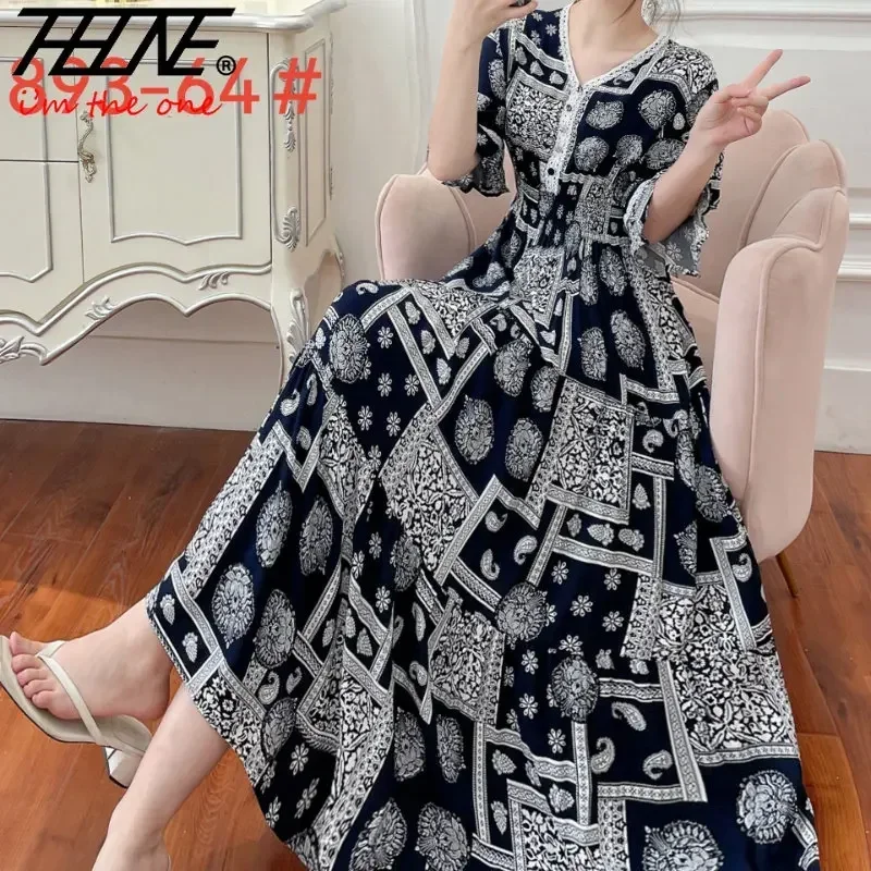 Loose Summer Dress Women Bohemian Korean Style Polka Dot and Floral Cotton Maxi Print Beach V-Neck Casual Vintage Vestidos Robe