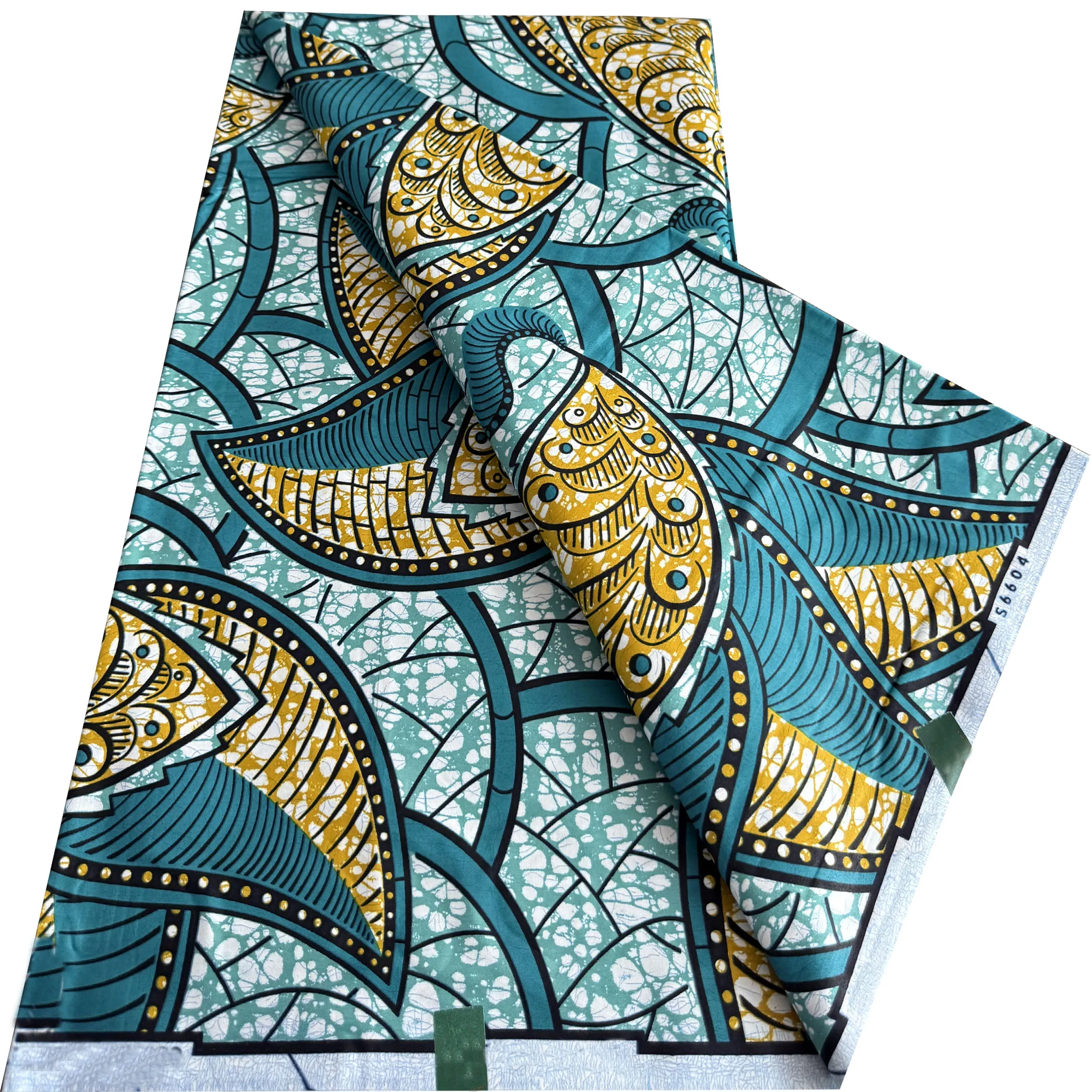 African Ankara Wax Print Fabric 6 Yards Teal Yellow Geometric Block Print Real Wax Pagne For Women Dress Sewing DIY