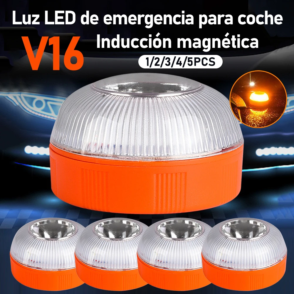 1-5PCS LED Auto Noodverlichting V16 Magnetische Inductie Stroboscoop Verkeersongeval Lamp Veiligheid Accessoire Licht USB/Batterij