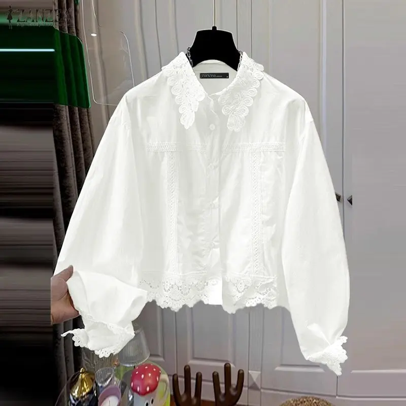 

ZANZEA женские кружевные лоскутные белые рубашки 2026, весна-лето, однотонная рубашка на пуговицах с длинными рукавами и воротником, элегантная женская одежда