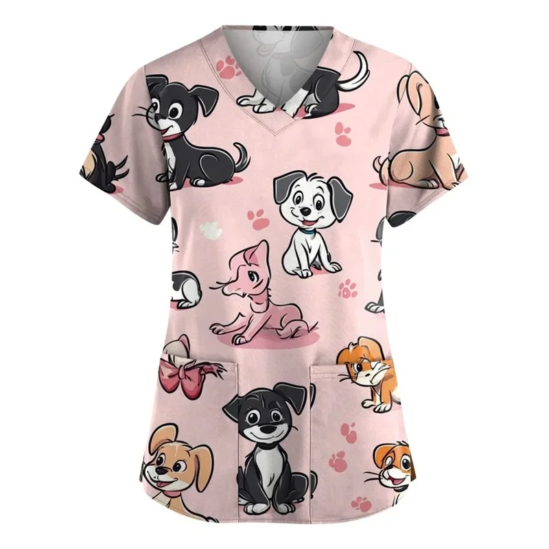 Women's Medical Print Short Sleeve ShirtTShirt Cute animal patternVVeterinary nurse work uniform