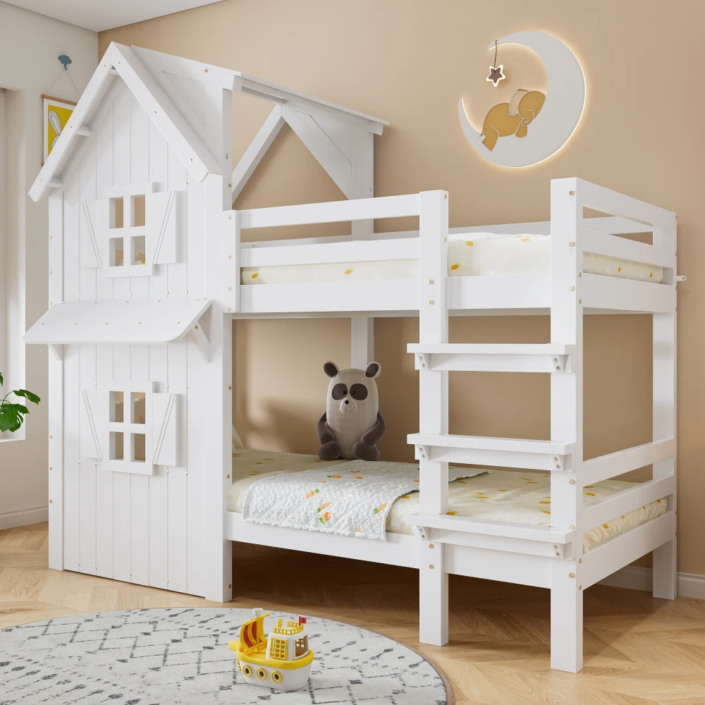 Kinder-Etagenbett mit schönem Fenster und seitlichen Sicherheitsgeländer auf dem Dach, dreistufiger gerader Leiter, stabiler Lattenrost – Detail 1