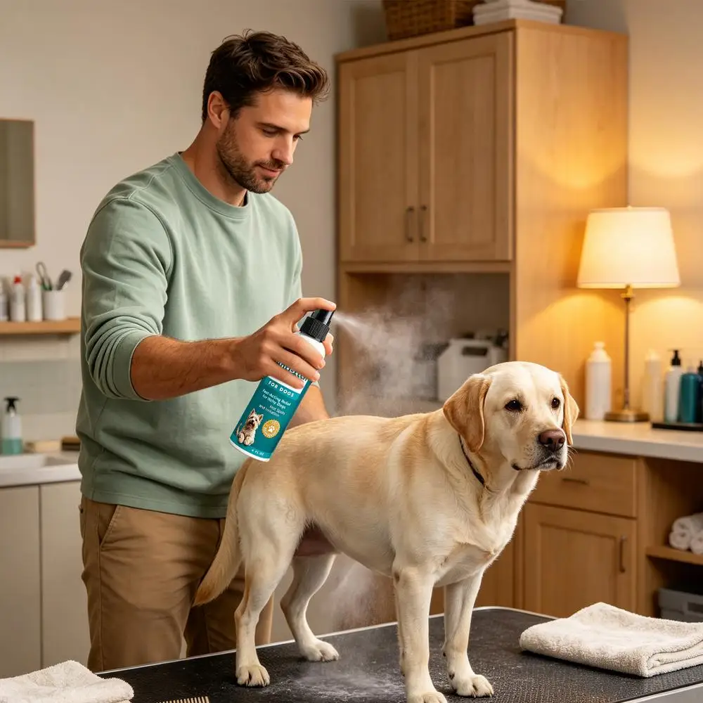 Beruhigendes Hautspray für Haustiere gegen Juckreiz, hypoallergen, repariert, lindert Kratzer, Rötungen, Trockenheit, für empfindliche Haut von Hunden und Katzen. – Detail 5
