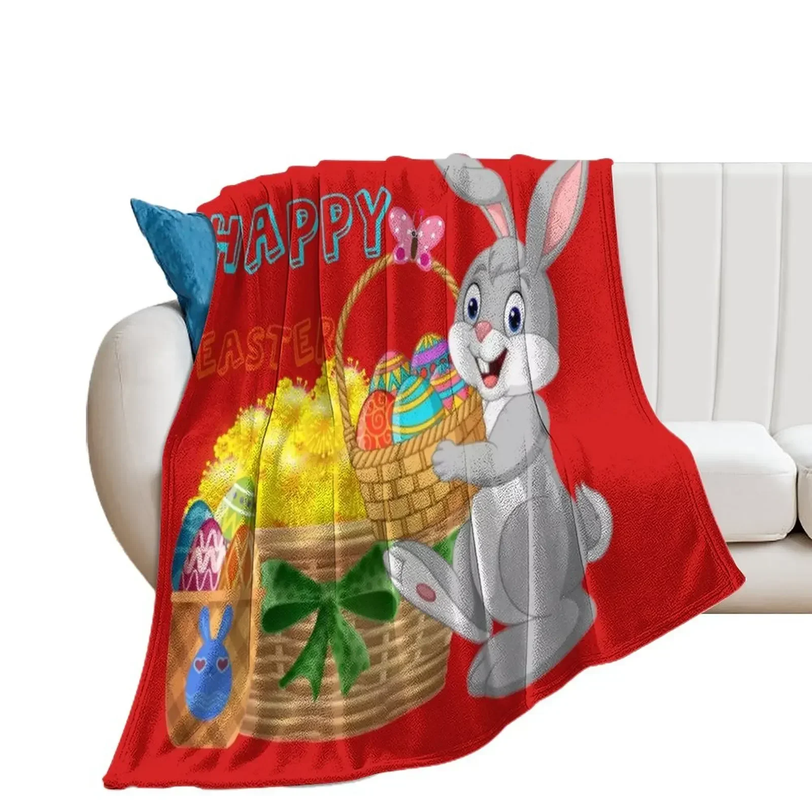 

Happy Easter - Bunny With Dandelions and Easter Eggs Throw Blanket Decorative Sofa Bed Fashionable Shaggy Blankets