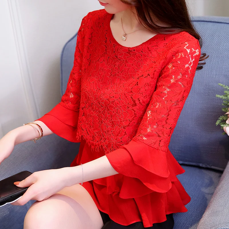 

Женская ажурная Блузка с оборками, повседневный Топ оверсайз с кружевными вставками и расклешенными рукавами, лето 2023