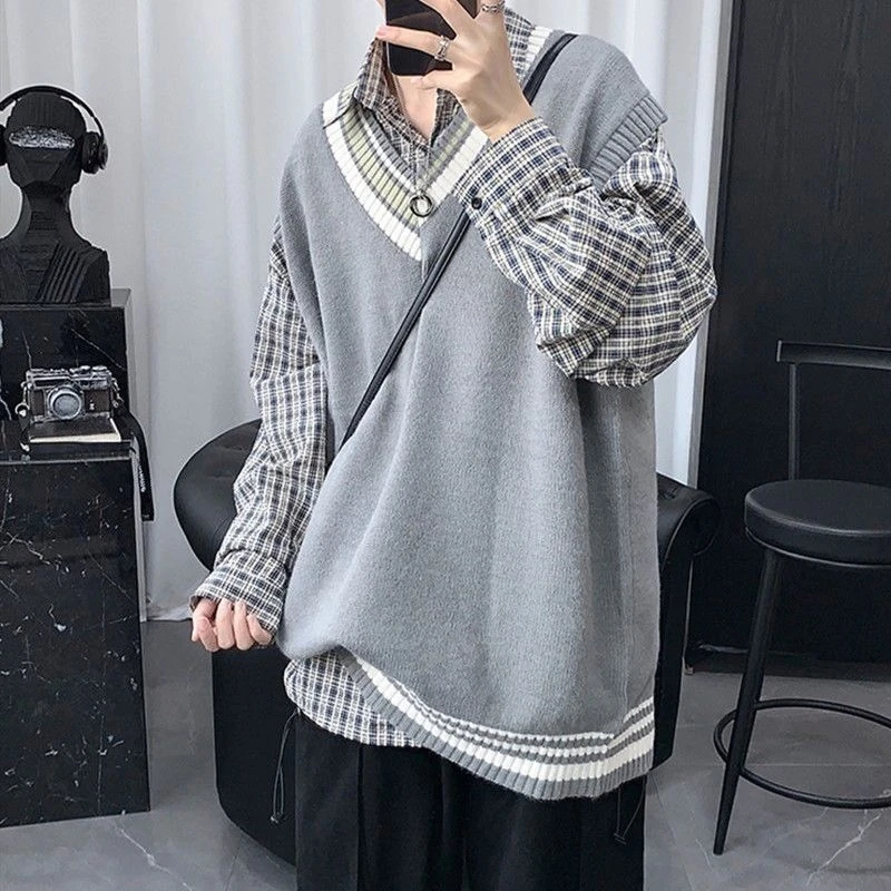 

Men's Wool Vest Autumn Winter Couple Style Street Fashion Ins Hong Kong Preppy V-Neck Knitwear High Quality Casual Loose Fit
