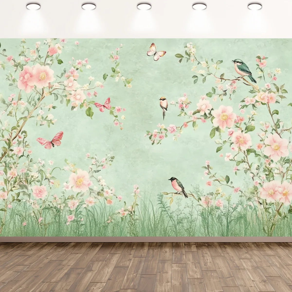 Floral Tapestry Polyester Vintage Pink Blossoms Butterflies Birds Wall Hanging Soft Green Background Decor Living Room Bedroom