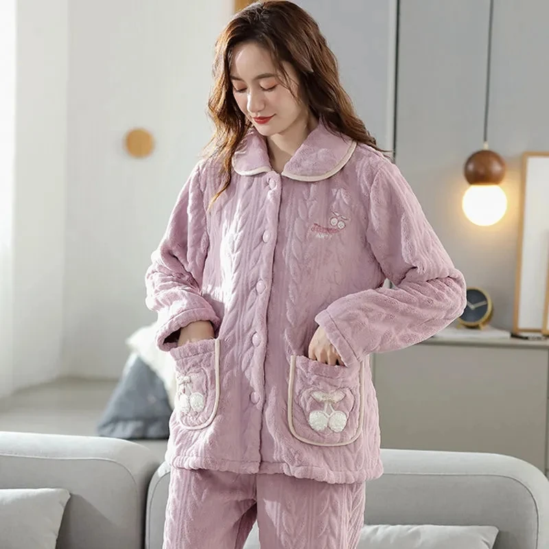 Two-piece coral Fleece Pajamas Women\'s 2022 Autumn Winter Loose Flannel Cardigan Homewear Warm Thicken Female Casual Pajamas Set