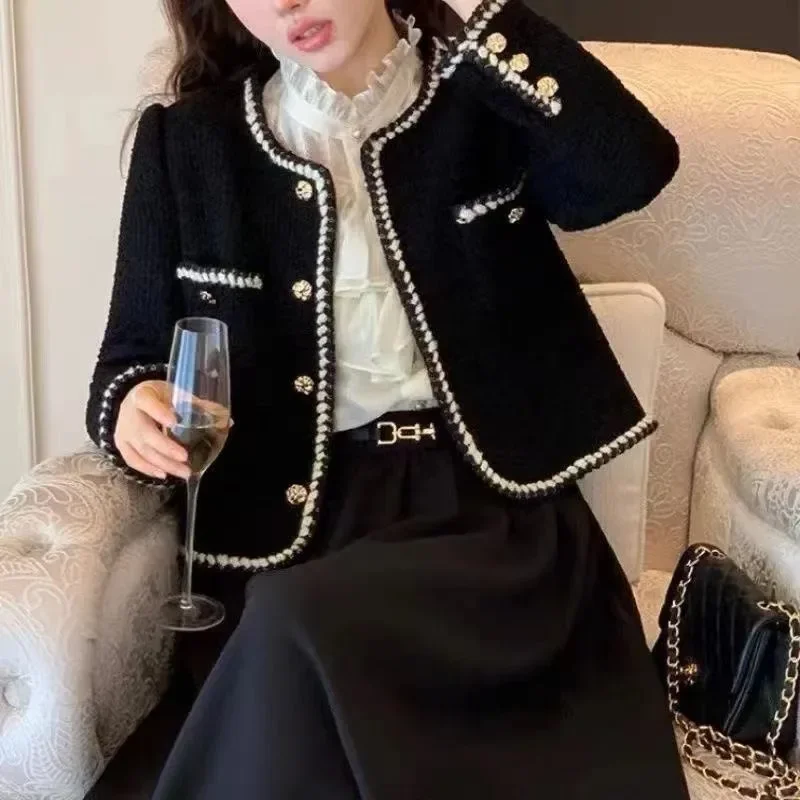 

Vintage Tweed Round Neck Color Block Jacket Women Elegant Cropped Quilted Short Coat Commute Black Ladies Korean Outerwear New