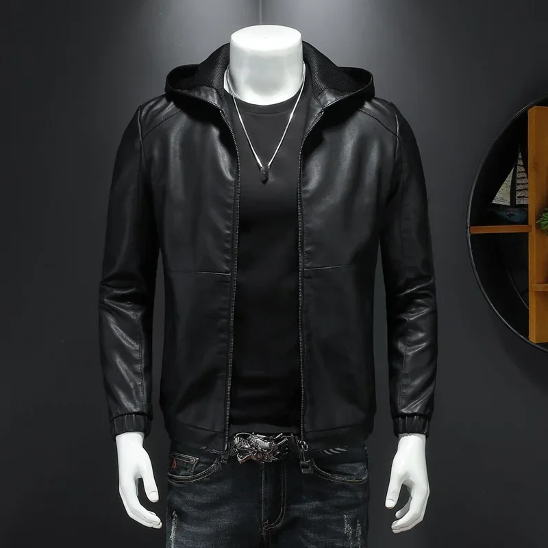 Autumn Men's Hooded Pu Leather Jacket Fashion Black Motorcycle Leather Coats High Quality Casual Streetwear Zipper Outerwear Man