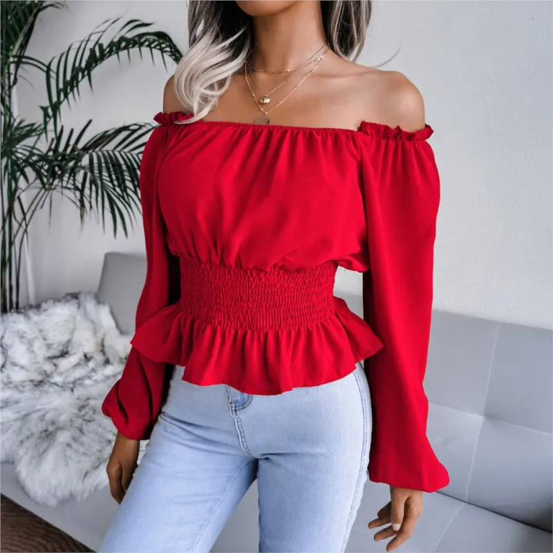 Elegant Solid Color Pullover Blouses Women Autumn Sexy Slash Neck Off Shoulder Hem With Ruffle Edge Patchwork Chiffon Shirt Top