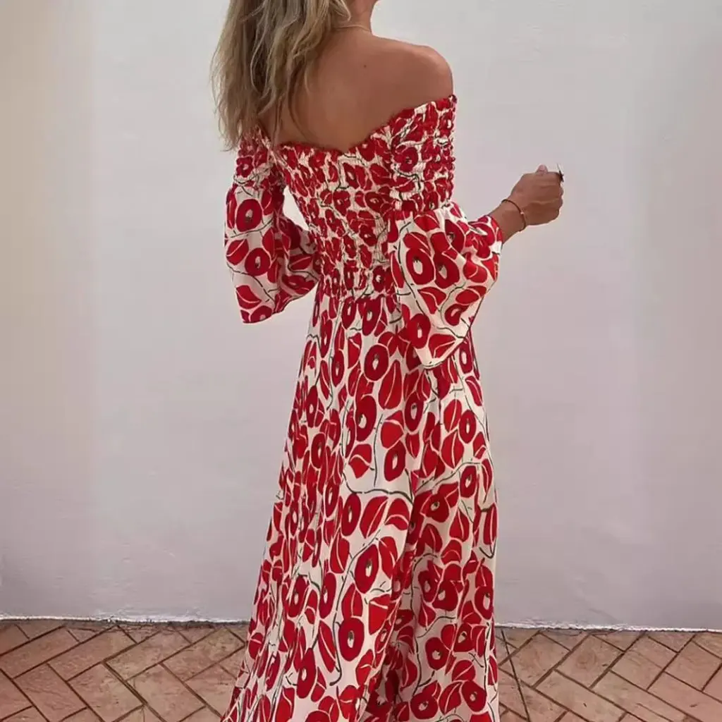 Vestido largo plisado con estampado floral para mujer Estación independiente Diseño elegante con hombros abiertos y bolsillo