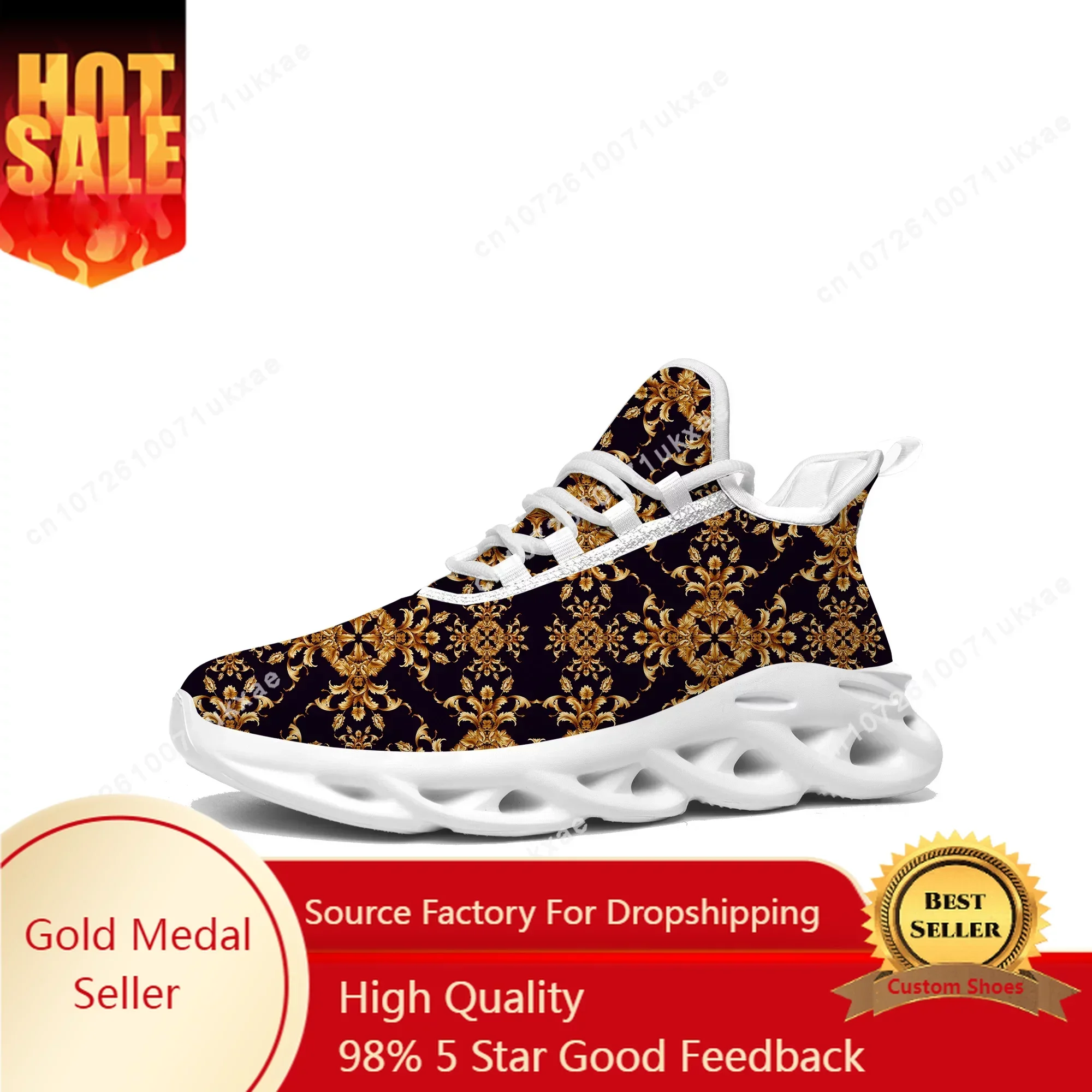 

Luxury Golden Floral Baroque Flats Sneakers Mens Womens Sports Shoes High Quality Sneaker Lace Up Mesh Footwear custom made Shoe