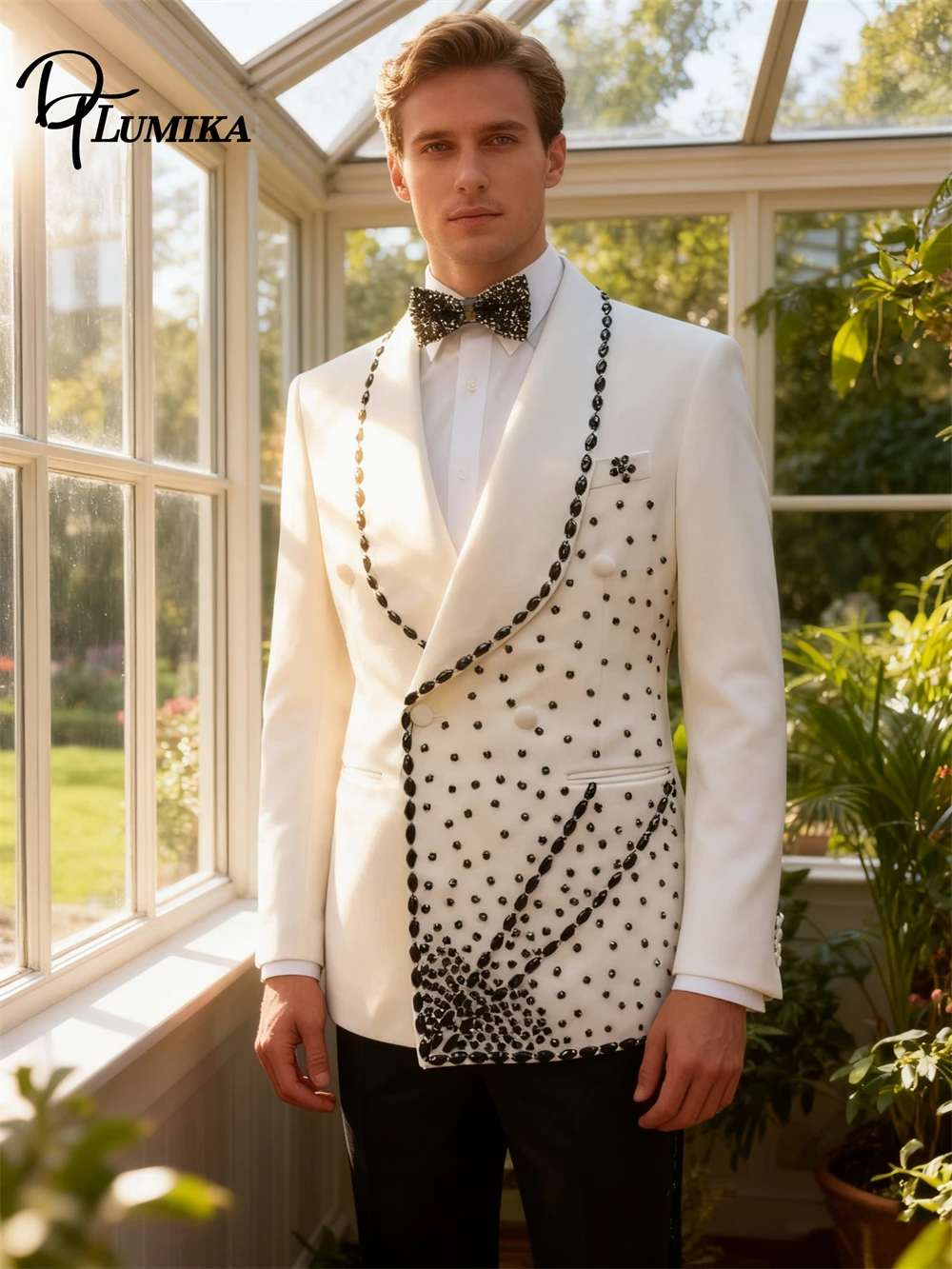 

Мужские свадебные костюмы, Новое поступление, комплект из 2 предметов из бисера, мужской костюм с шалью на шее, облегающий брючный костюм, двубортный пиджак XS-6XL