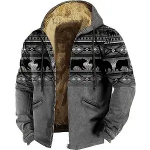 

Men's Winter Vintage Grey Parkas Long Sleeve Bears Totem Warm Jacket for Men/Women Thick Clothing Streetwear