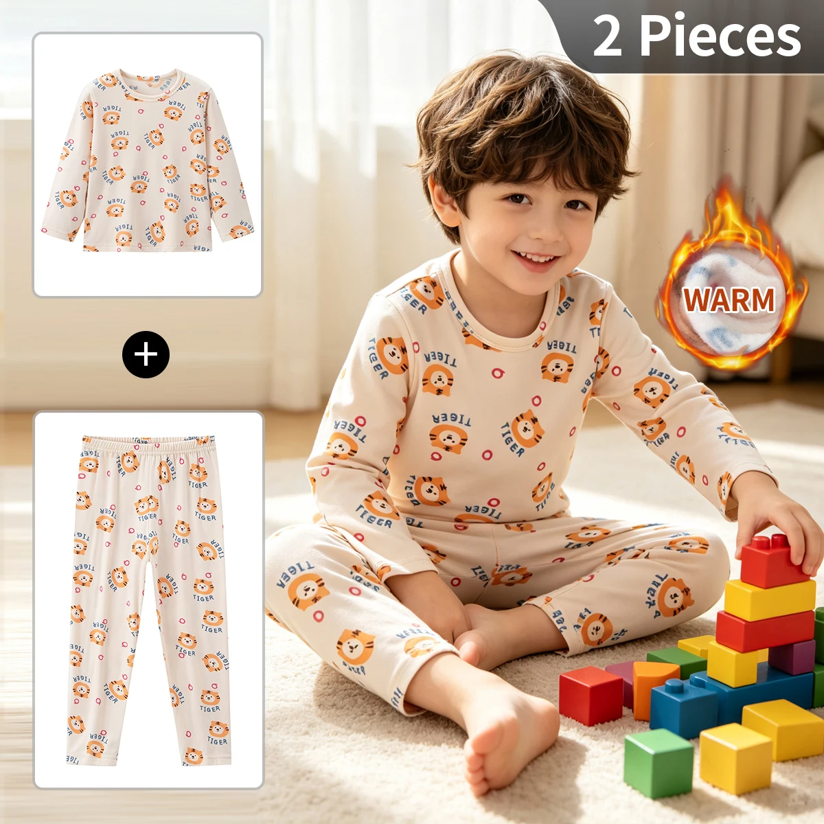 2-piece Children's Autumn/Winter Casual Long Sleeved Thermal Underwear Set Comfortable And Cute Cartoon Boy And Girl Sleepwear