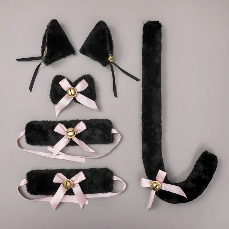 Feminino menina raposa gato empregada lolita conjunto orelhas bandana cauda colar pulseira preto anime cosplay traje dia das bruxas natal